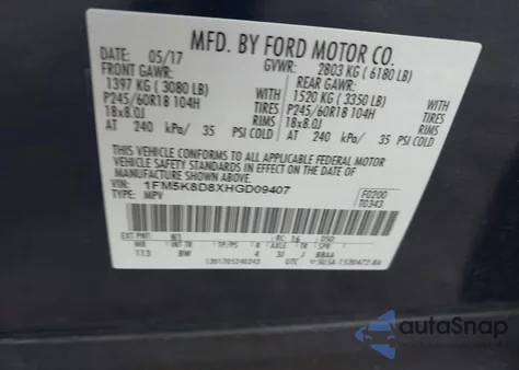 2017 Ford Explorer Xlt z USA, uszkodzony, nr VIN 1FM5K8D8XHGD09407